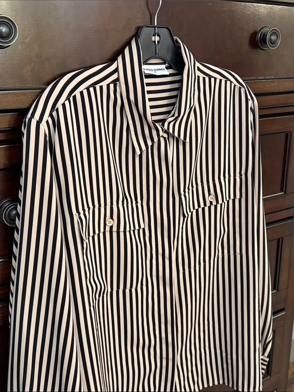 Alfred Dunner Black and Cream Vertical Stripe Button-Front Shirt - Picture 2 of 5
